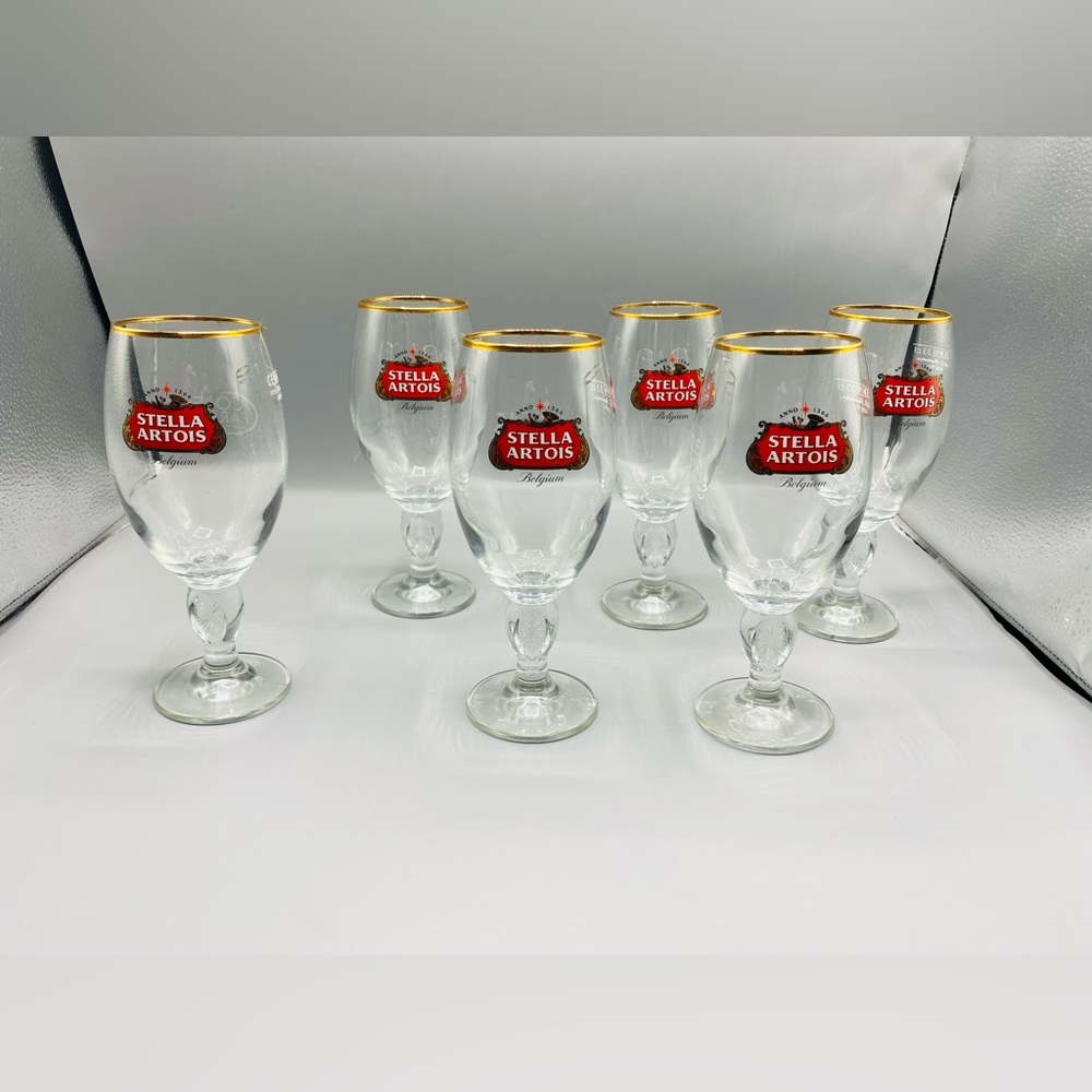 6 Stella Artois Chalice 33CL Beer Glass Pub Bar Pint Glasses Gold Rim Rose Stem